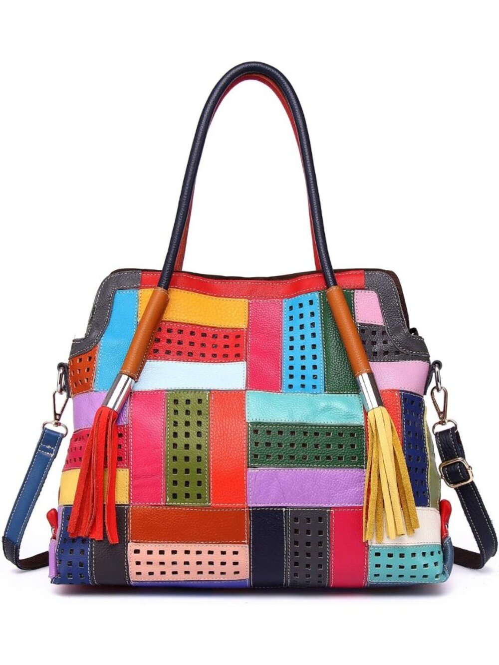 Stylish Multicolor Patchwork Genuine Leather Tote Shoulder Handbag Purse